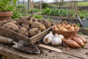 Seed potatoes, onion sets, garlic and shallots on a garden potting bench